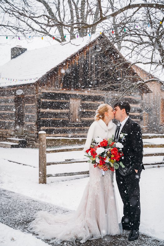 bride and groom kissing in snow